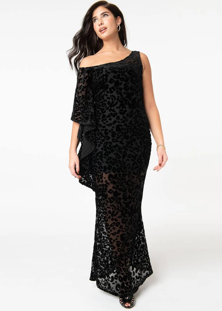 New In Unique Vintage Amoret Leopard 70's Kaftan Dress Black