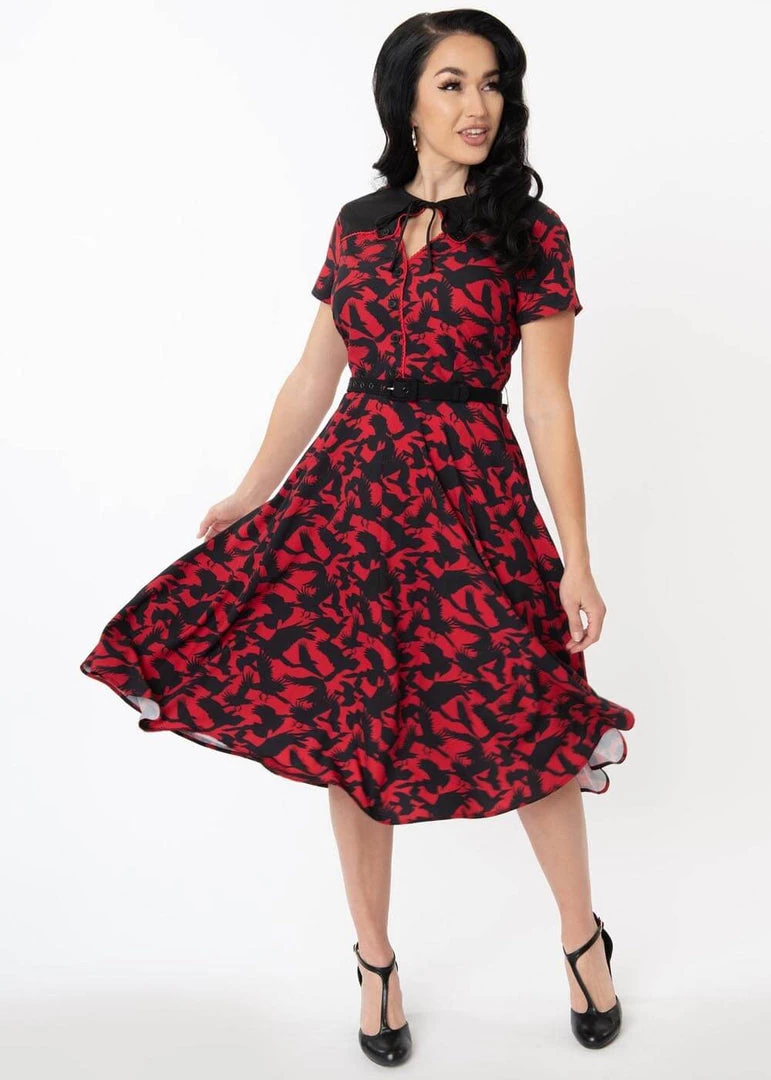 Unique Vintage X Hitchcock The Birds Estelle 40's Swing Dress Red
