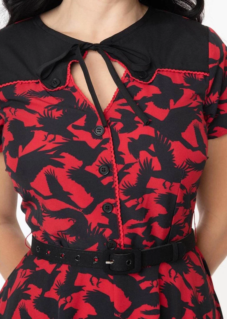 Unique Vintage X Hitchcock The Birds Estelle 40's Swing Dress Red