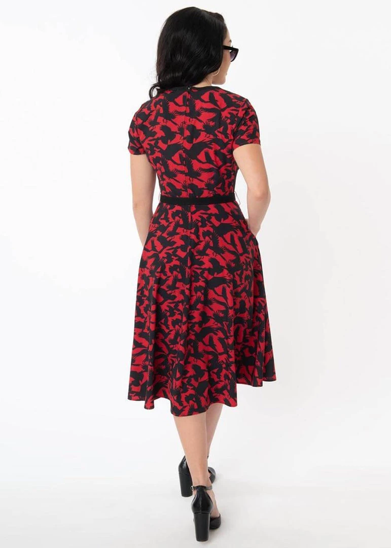 Unique Vintage X Hitchcock The Birds Estelle 40's Swing Dress Red