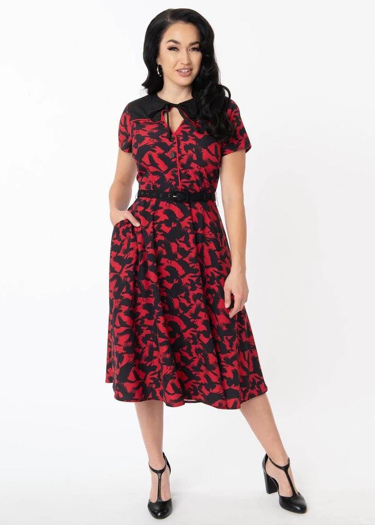 Unique Vintage X Hitchcock The Birds Estelle 40's Swing Dress Red
