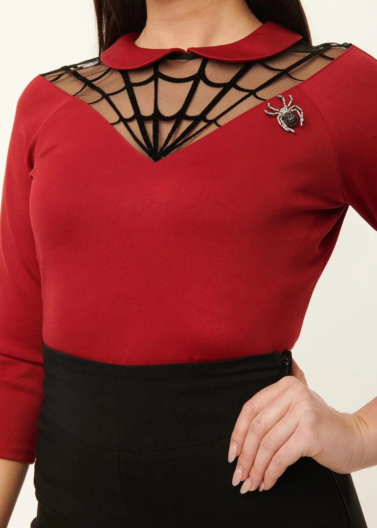 Unique Vintage Spiderweb Widow 50's Top Burgundy Red New In