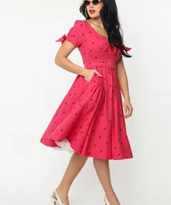 Unique Vintage Doreen Polkadot 50's Swing Dress Pink