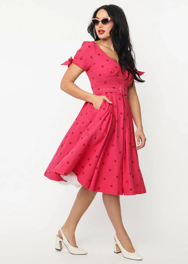 Unique Vintage Doreen Polkadot 50's Swing Dress Pink