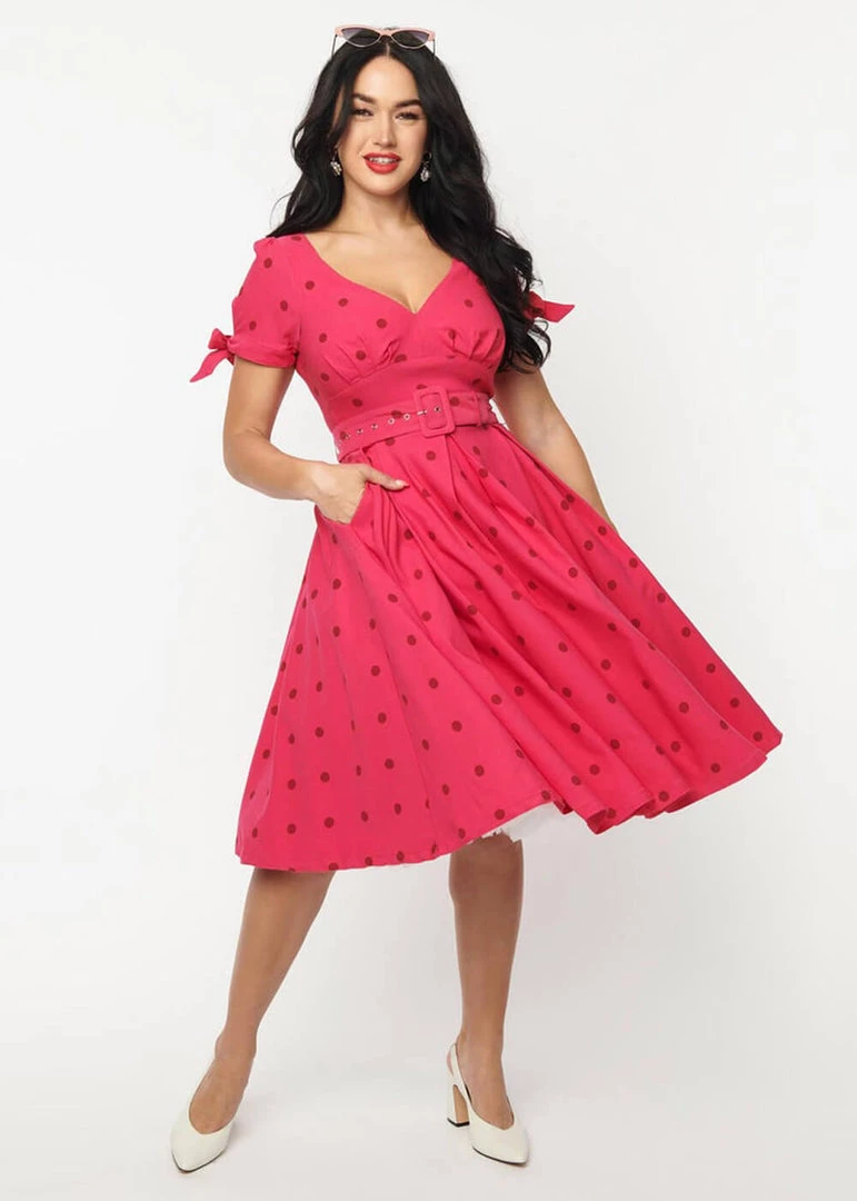 Unique Vintage Doreen Polkadot 50's Swing Dress Pink