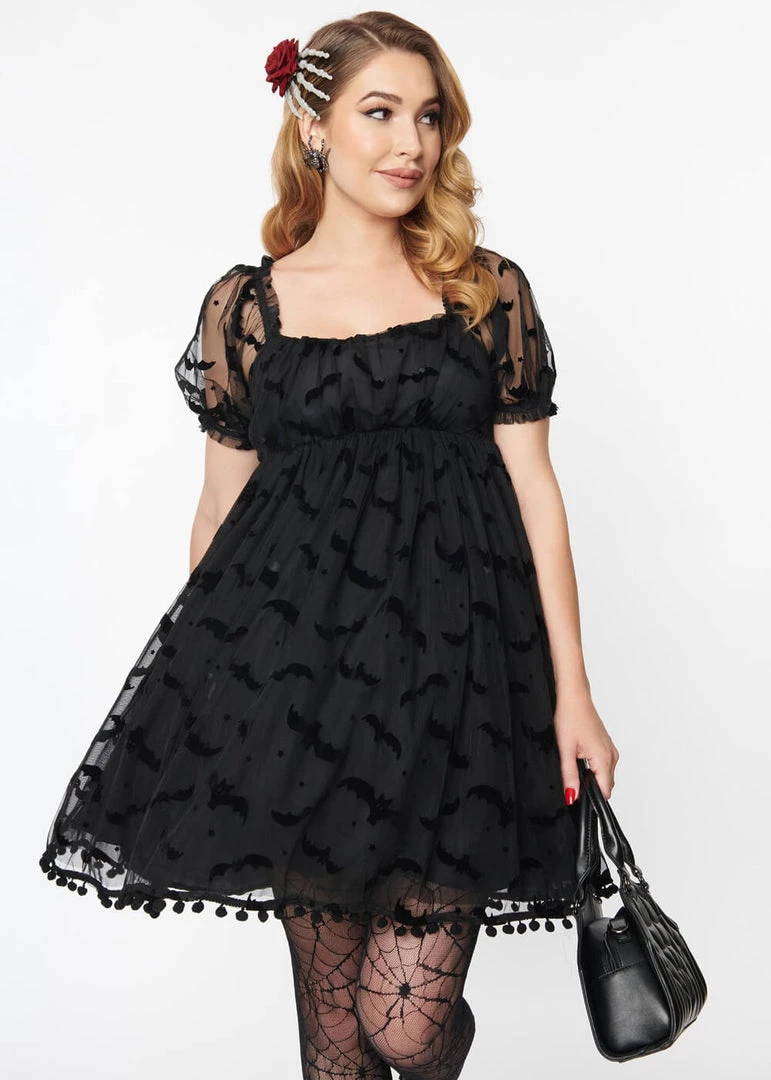 Unique Vintage Babydoll Belle Bat Mesh 60's Dress Black
