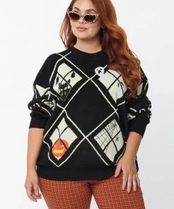 New In Unique Vintage Halloween Windows Sweater Black