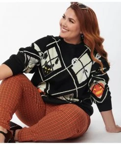 New In Unique Vintage Halloween Windows Sweater Black