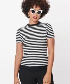 Unique Vintage Back To Basics Striped 60's Top Black White New In