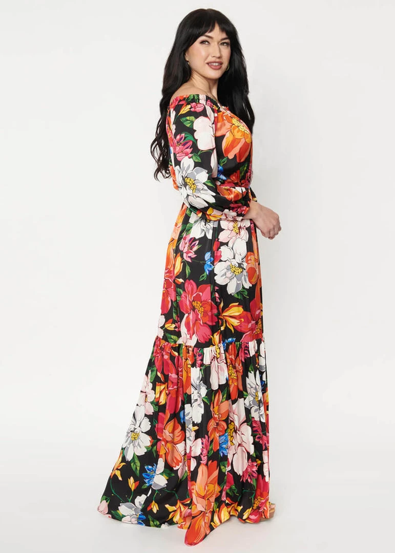 New In Unique Vintage Sweet Escape 70's Maxi Dress Black Pink