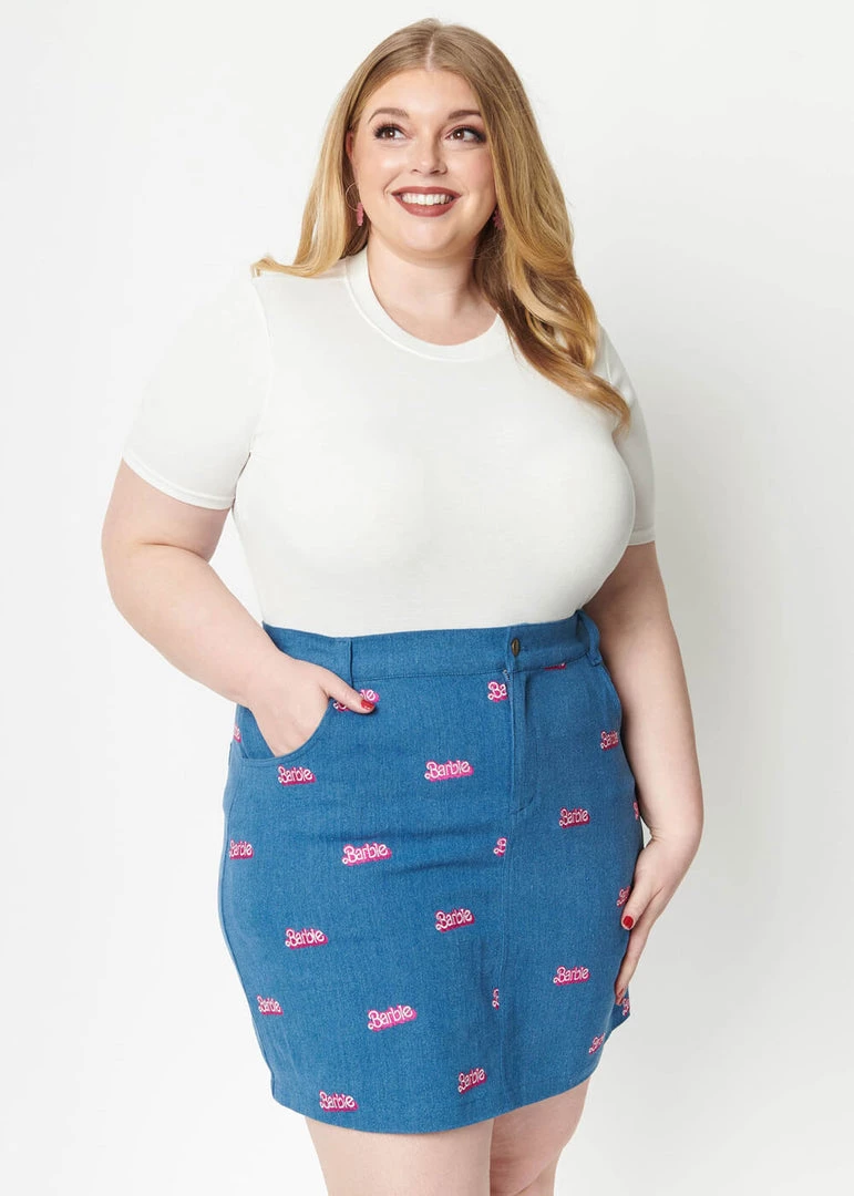 New In Unique Vintage X Barbie Logo What A Classic Denim 60's Mini Skirt Blue