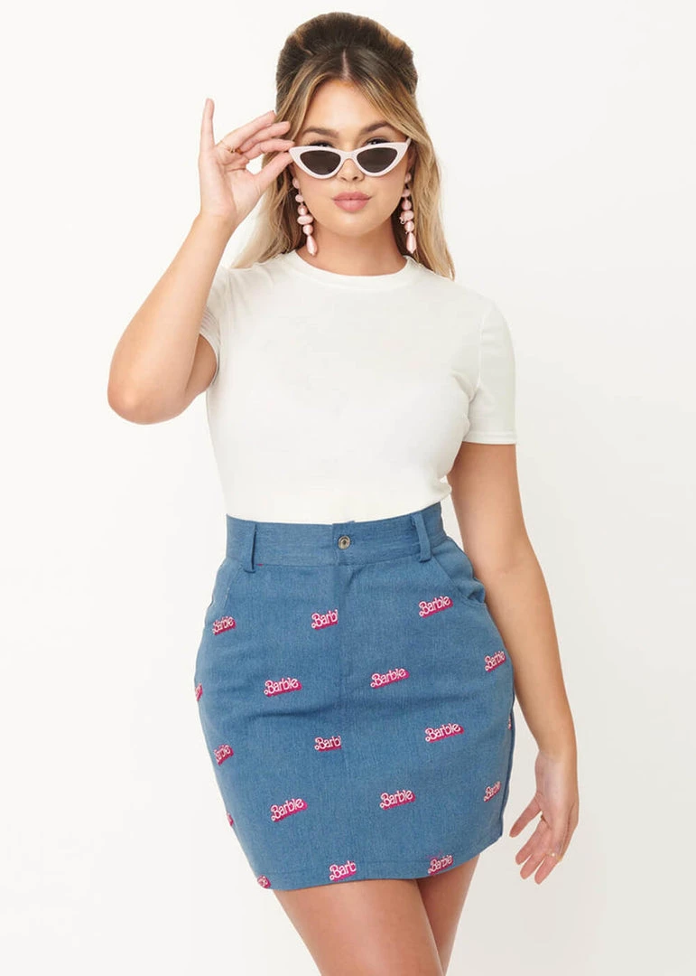 New In Unique Vintage X Barbie Logo What A Classic Denim 60's Mini Skirt Blue