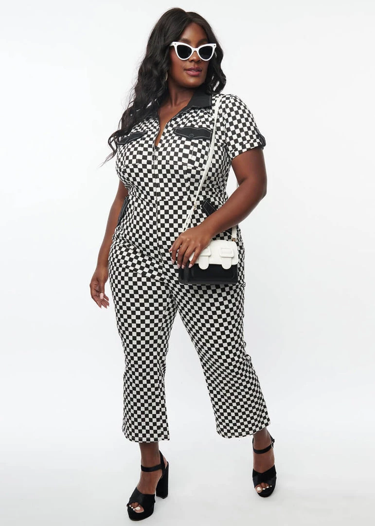 Unique Vintage Checkered Cargo 60's Jumpsuit Black White