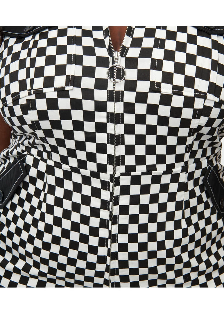 Unique Vintage Checkered Cargo 60's Jumpsuit Black White