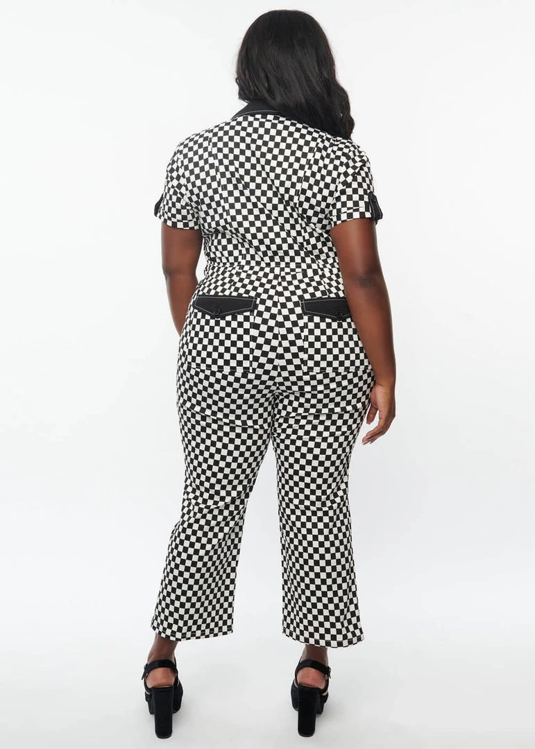 Unique Vintage Checkered Cargo 60's Jumpsuit Black White