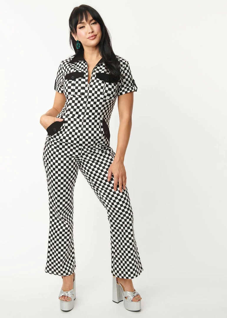 Unique Vintage Checkered Cargo 60's Jumpsuit Black White