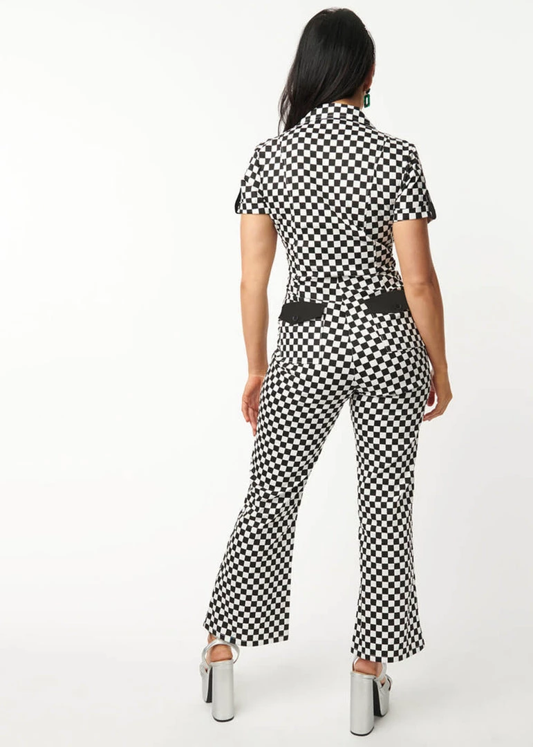 Unique Vintage Checkered Cargo 60's Jumpsuit Black White