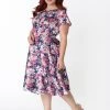 Unique Vintage Formosa Floral 40's Dress Navy Purple New In