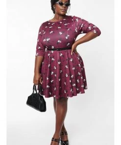 New In Unique Vintage X Corpse Bride Stephanie Flying Skulls A-Line Dress Wine