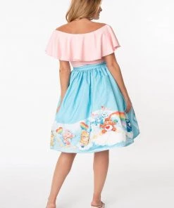 Unique Vintage X Care Bears In The Clouds 50's Swing Skirt Blue New In