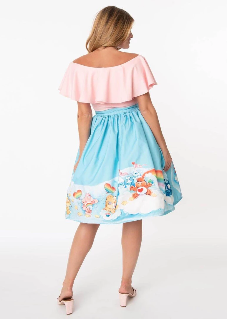 Unique Vintage X Care Bears In The Clouds 50's Swing Skirt Blue New In