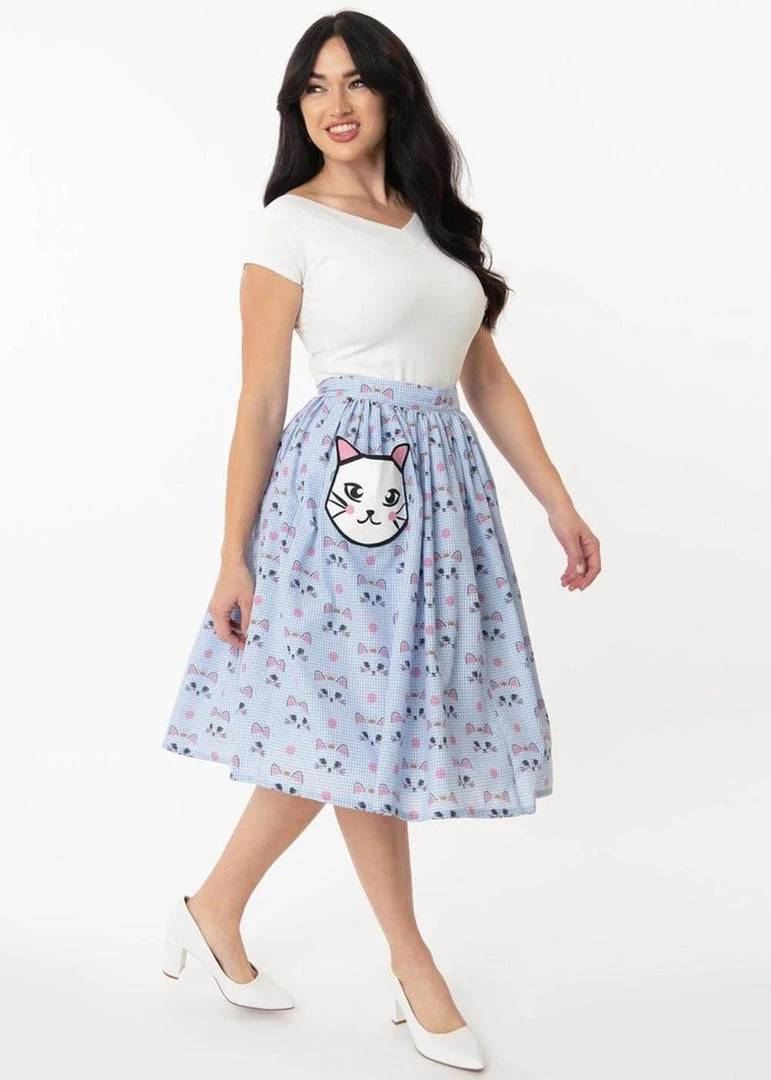 New In Unique Vintage Gellar Cat Gingham 50’s Swing Skirt Blue