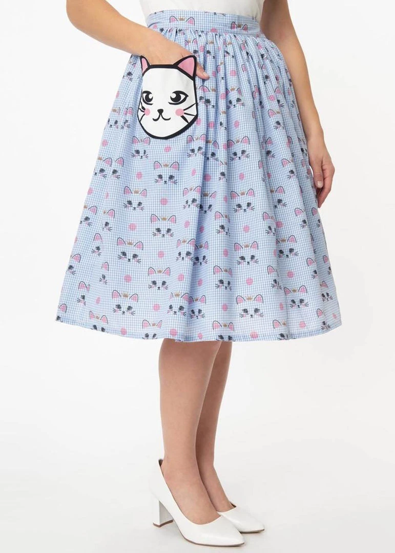 New In Unique Vintage Gellar Cat Gingham 50’s Swing Skirt Blue