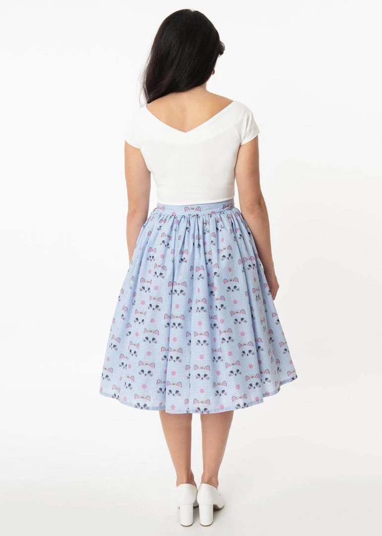 New In Unique Vintage Gellar Cat Gingham 50’s Swing Skirt Blue