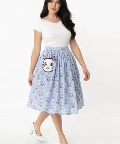 New In Unique Vintage Gellar Cat Gingham 50’s Swing Skirt Blue