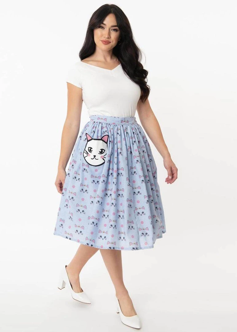 New In Unique Vintage Gellar Cat Gingham 50’s Swing Skirt Blue