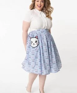 New In Unique Vintage Gellar Cat Gingham 50’s Swing Skirt Blue