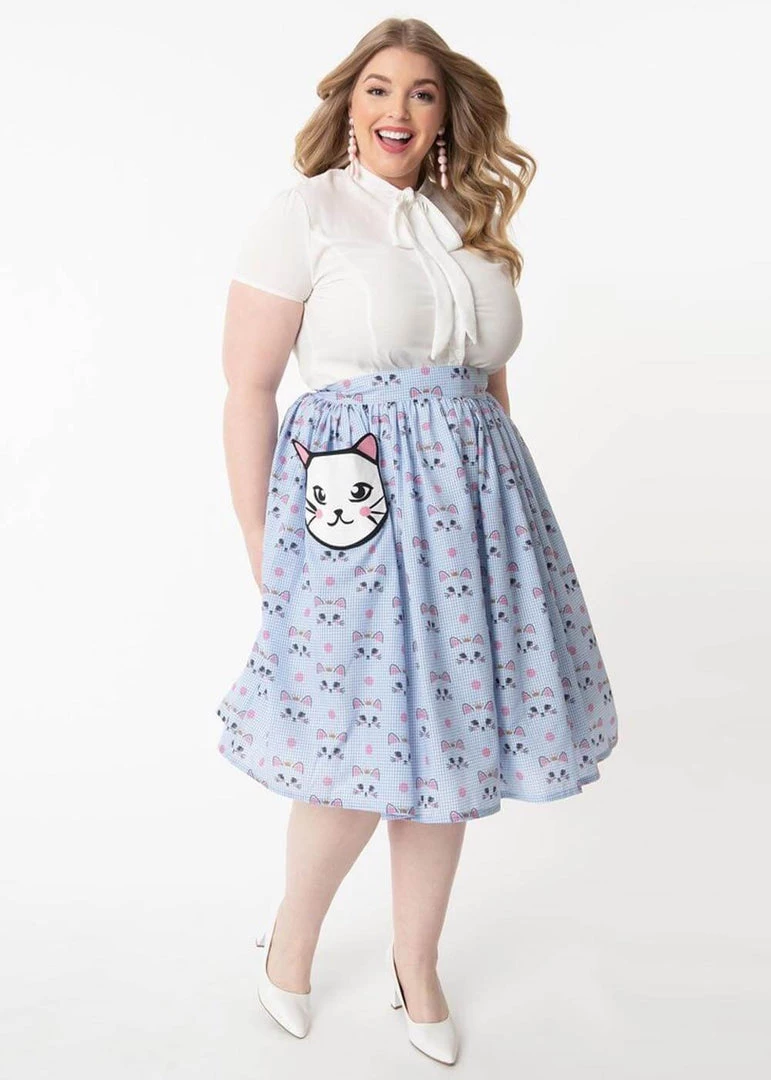 New In Unique Vintage Gellar Cat Gingham 50’s Swing Skirt Blue