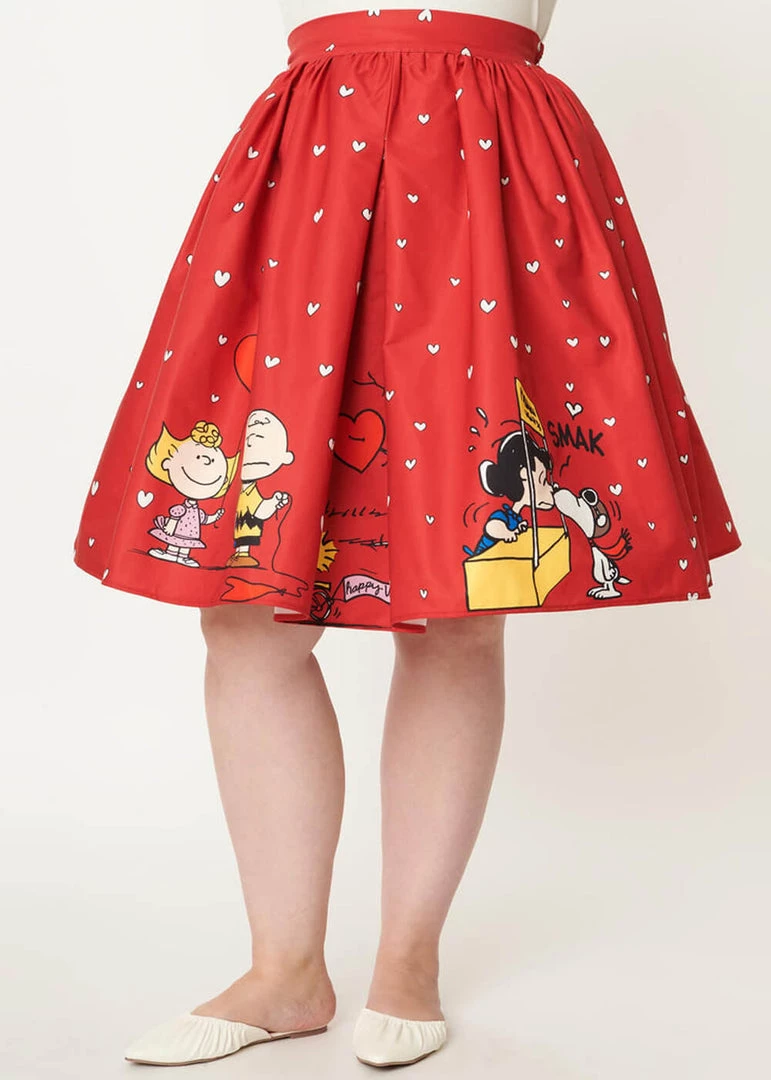 New In Unique Vintage X Peanuts Snoopy Be My Valentine 50's Swing Skirt Red
