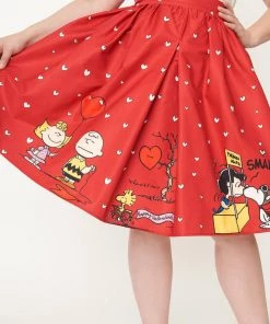 New In Unique Vintage X Peanuts Snoopy Be My Valentine 50's Swing Skirt Red