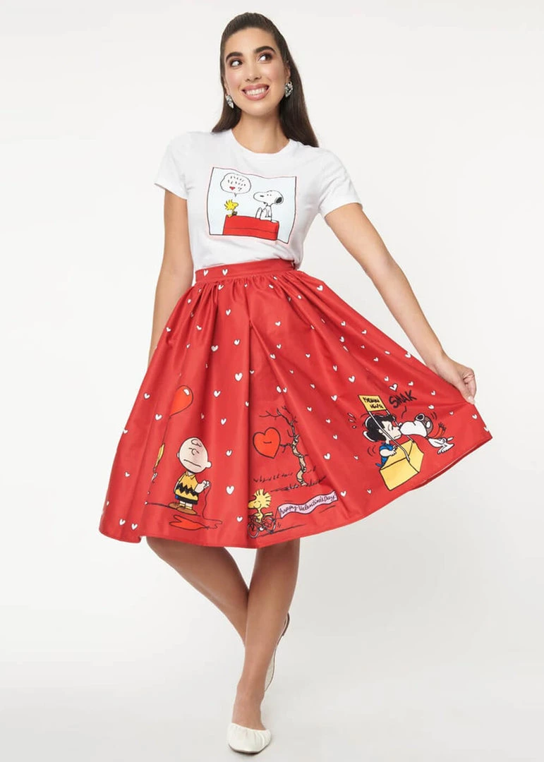 New In Unique Vintage X Peanuts Snoopy Be My Valentine 50's Swing Skirt Red