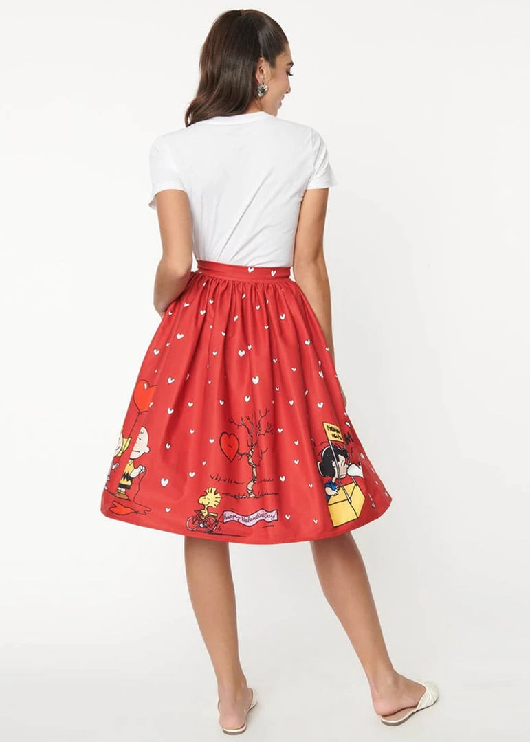 New In Unique Vintage X Peanuts Snoopy Be My Valentine 50's Swing Skirt Red