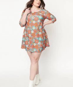 New In Unique Vintage Smak Parlour Cosmic Floral 60's Shift Dress Teal Pink
