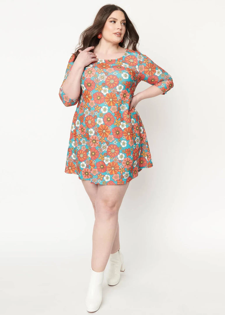 New In Unique Vintage Smak Parlour Cosmic Floral 60's Shift Dress Teal Pink