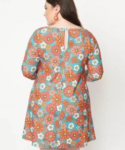 New In Unique Vintage Smak Parlour Cosmic Floral 60's Shift Dress Teal Pink