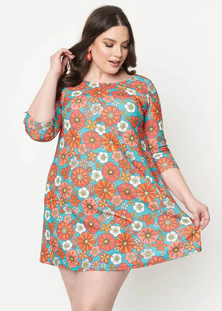 New In Unique Vintage Smak Parlour Cosmic Floral 60's Shift Dress Teal Pink