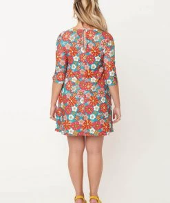 New In Unique Vintage Smak Parlour Cosmic Floral 60's Shift Dress Teal Pink