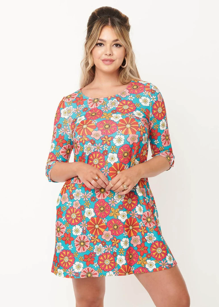 New In Unique Vintage Smak Parlour Cosmic Floral 60's Shift Dress Teal Pink