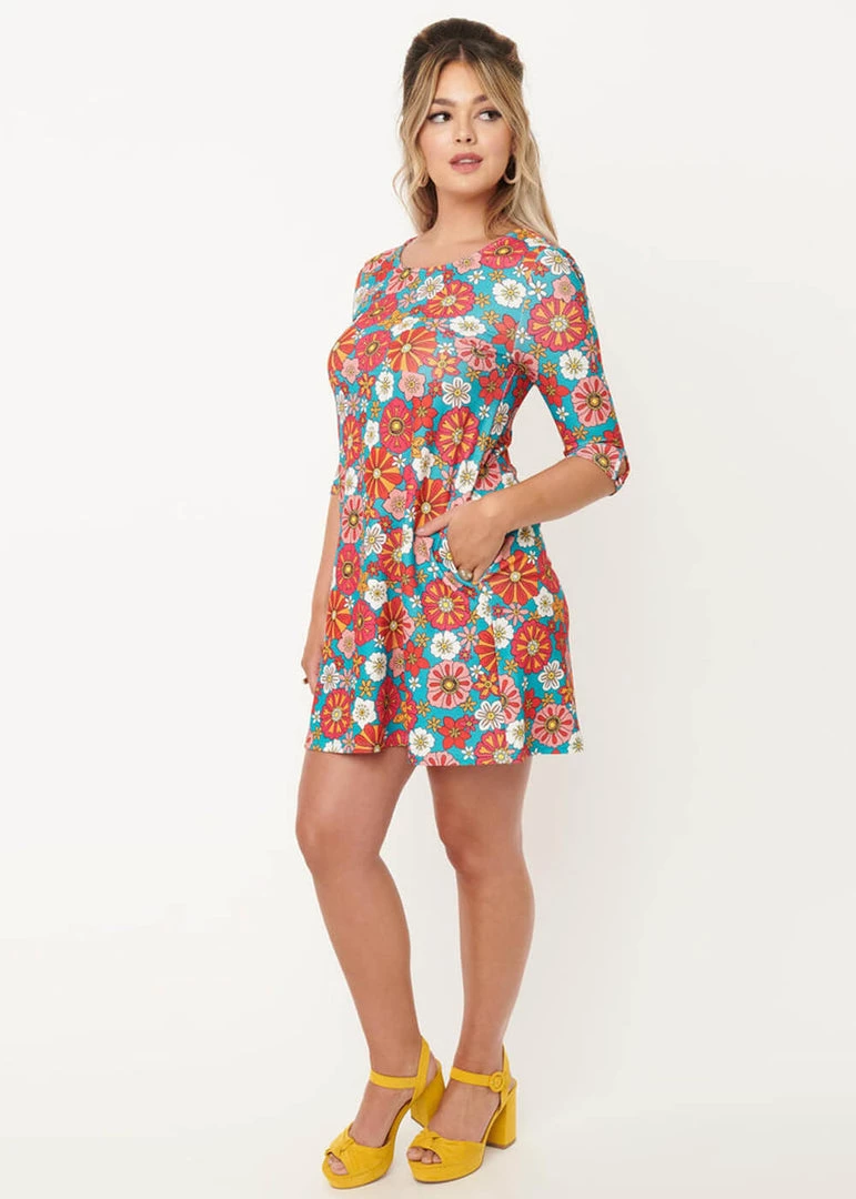 New In Unique Vintage Smak Parlour Cosmic Floral 60's Shift Dress Teal Pink