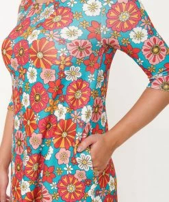 New In Unique Vintage Smak Parlour Cosmic Floral 60's Shift Dress Teal Pink