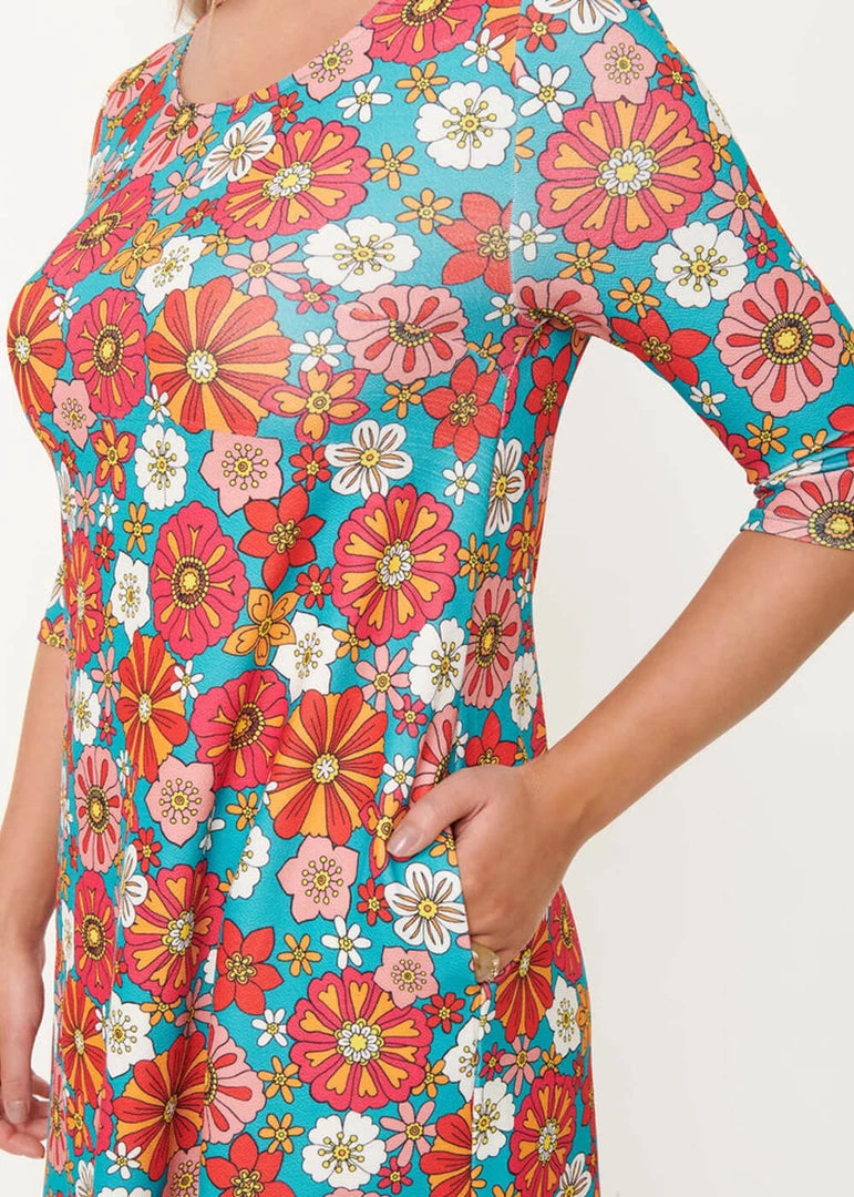 New In Unique Vintage Smak Parlour Cosmic Floral 60's Shift Dress Teal Pink