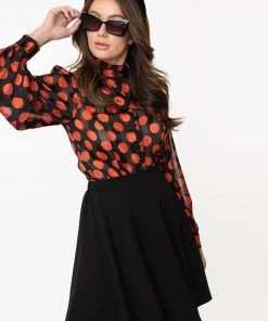 New In Unique Vintage Smak Parlour Resident Artist Polka 60's Blouse Black Orange