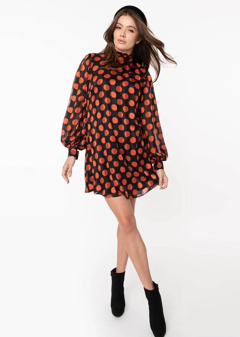 New In Unique Vintage Smak Parlour Girl Talk Polka 60's Dress Black Orange