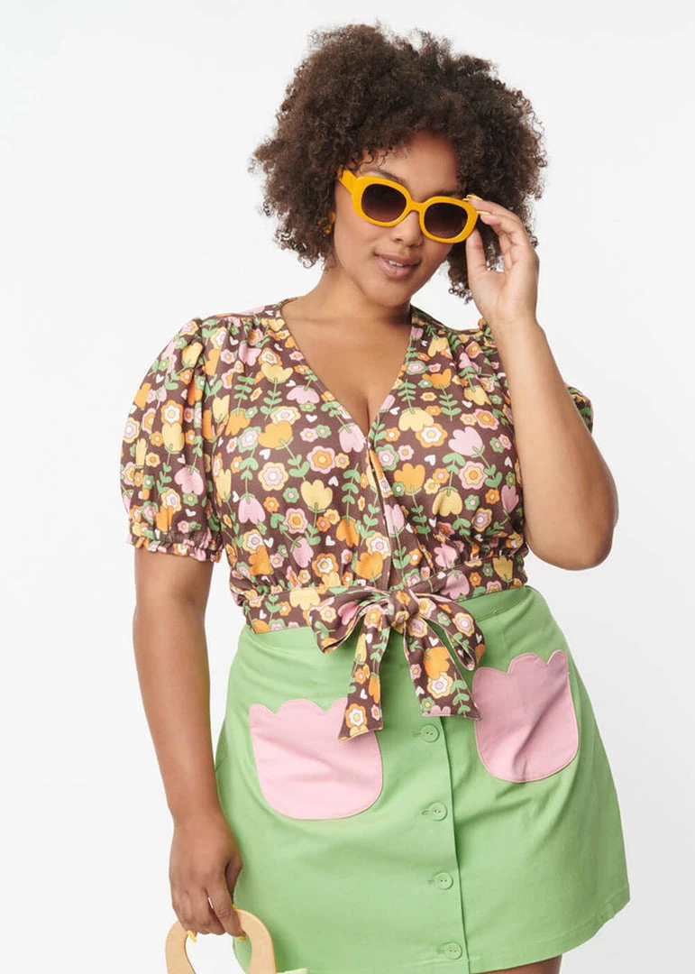 Unique Vintage Smak Parlour Roller Queen Tulip 60's Crop Blouse Brown New In