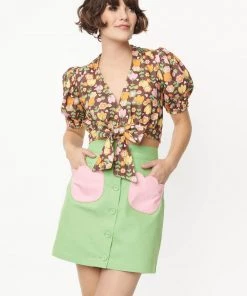 Unique Vintage Smak Parlour Tulip Match Game 60's Mini Skirt Green Pink New In