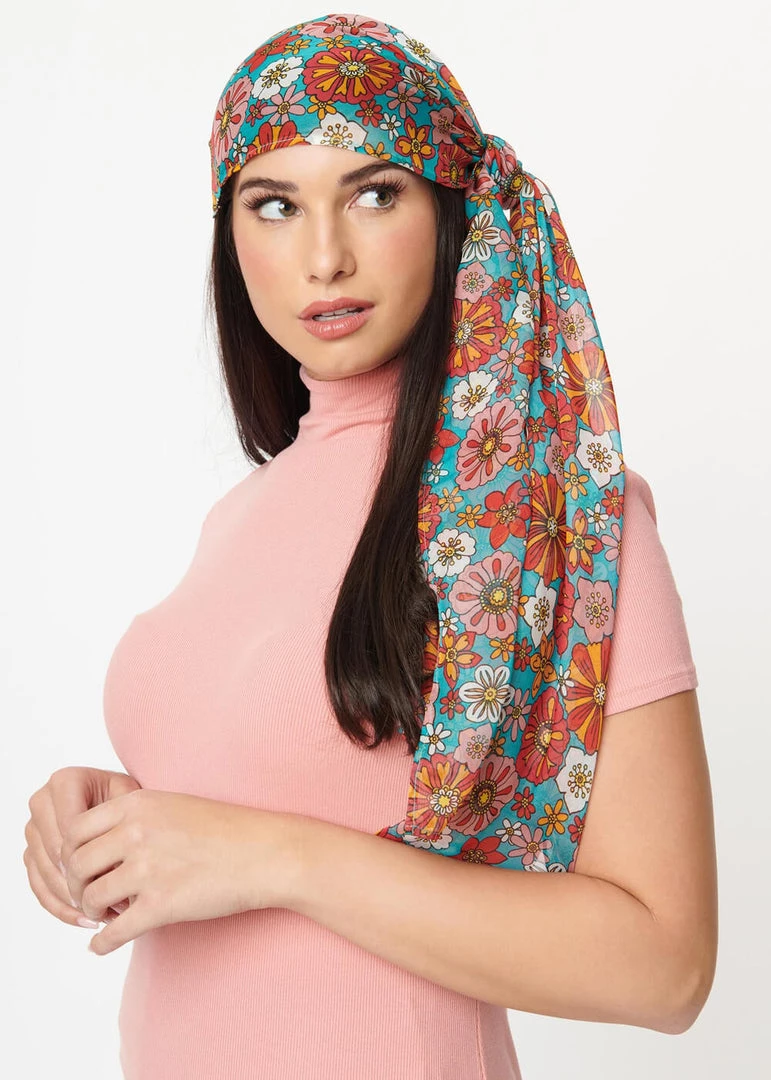 Unique Vintage Smak Parlour Floral Long Hair Scarf Teal Pink